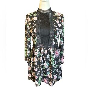 Entro Dark Floral Print Victorian Collar Minidress L EUC